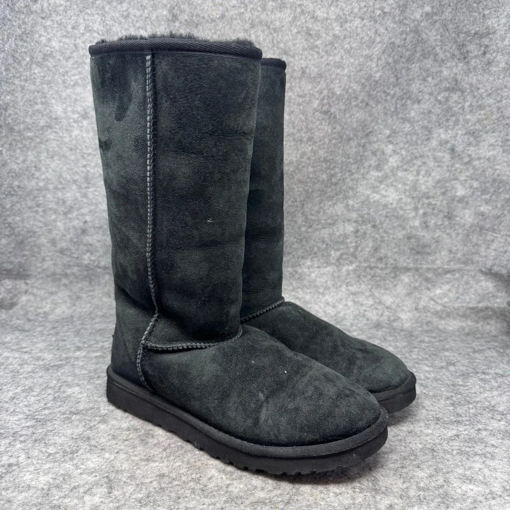 UGG Australia Suede Boots Womens 8 Classic Tall 5815 Sheepskin Shearling Black